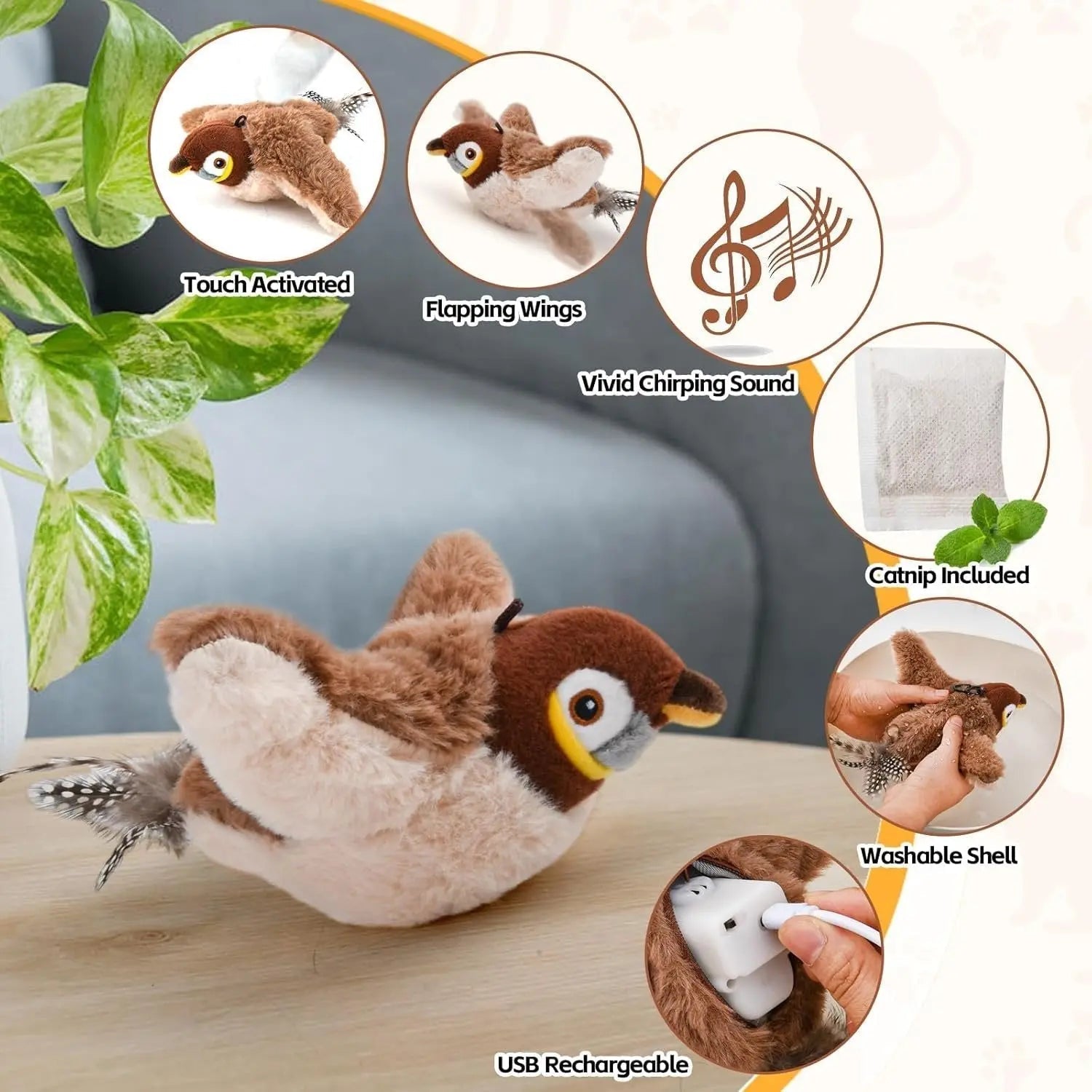 Motion-Activated Bird Toy for Cats with Flapping Tail and Chirping Sounds, USB Rechargeable