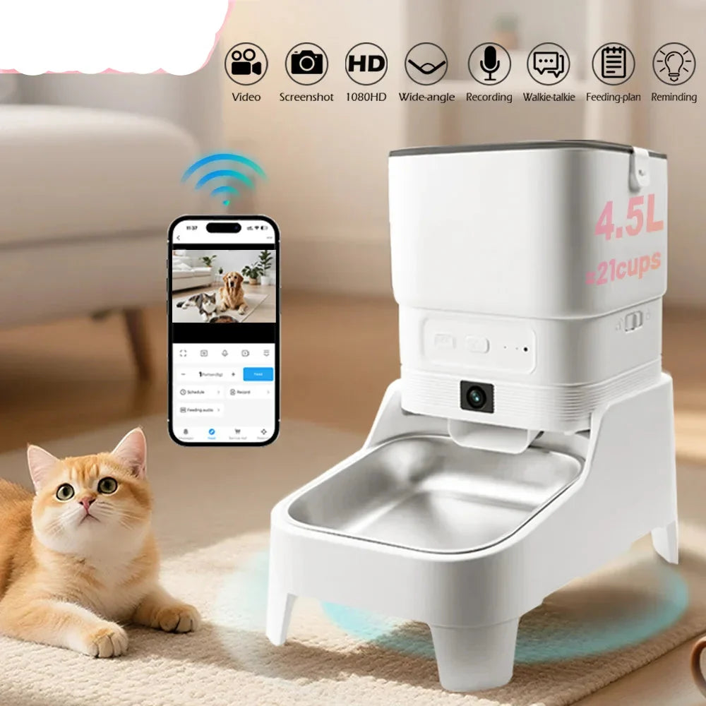 4.5L Elevated Automatic Pet Feeder with 15cm Raised Stand – Key Control or 1080P Camera & Tuya App for Cats and Dogs