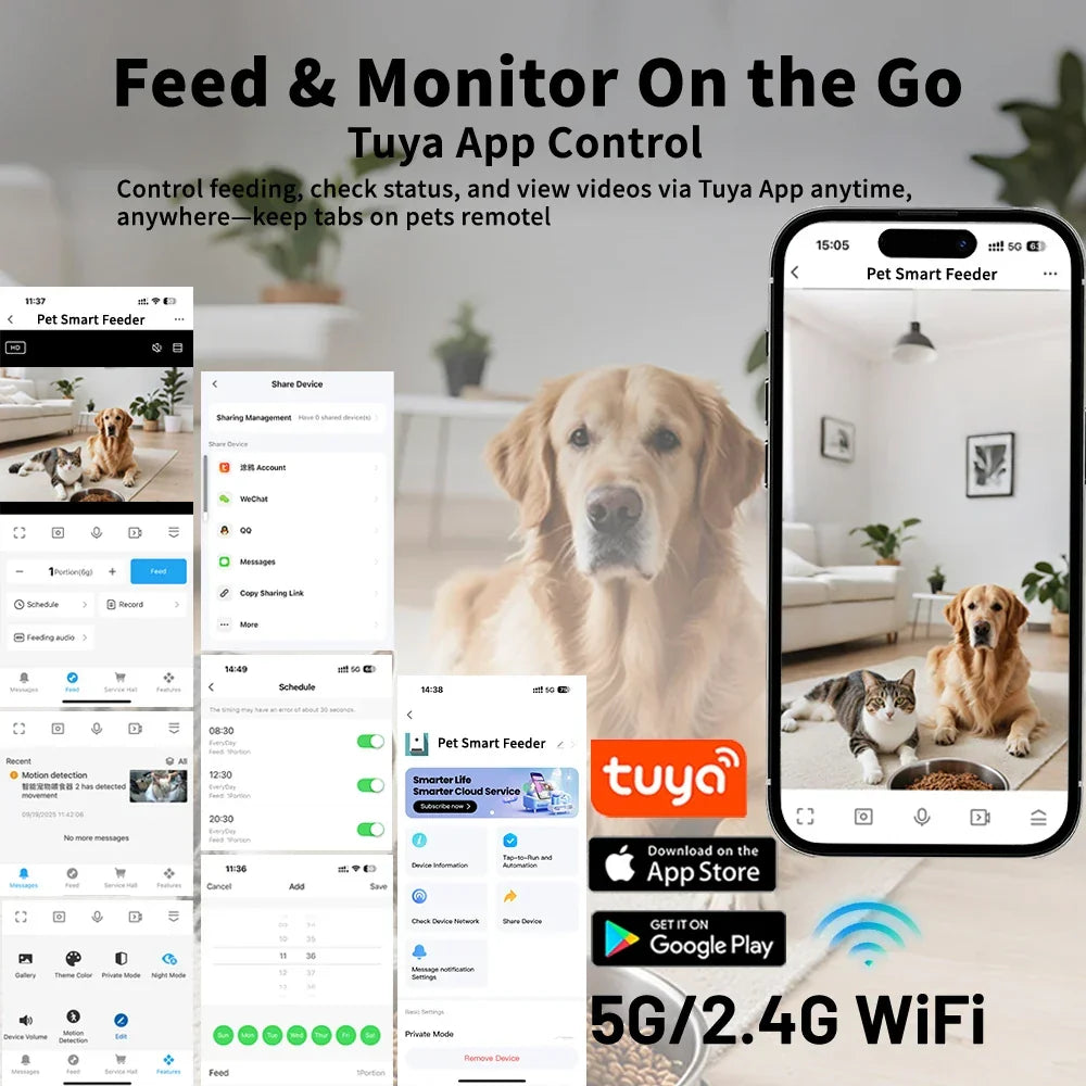 4.5L Elevated Automatic Pet Feeder with 15cm Raised Stand – Key Control or 1080P Camera & Tuya App for Cats and Dogs