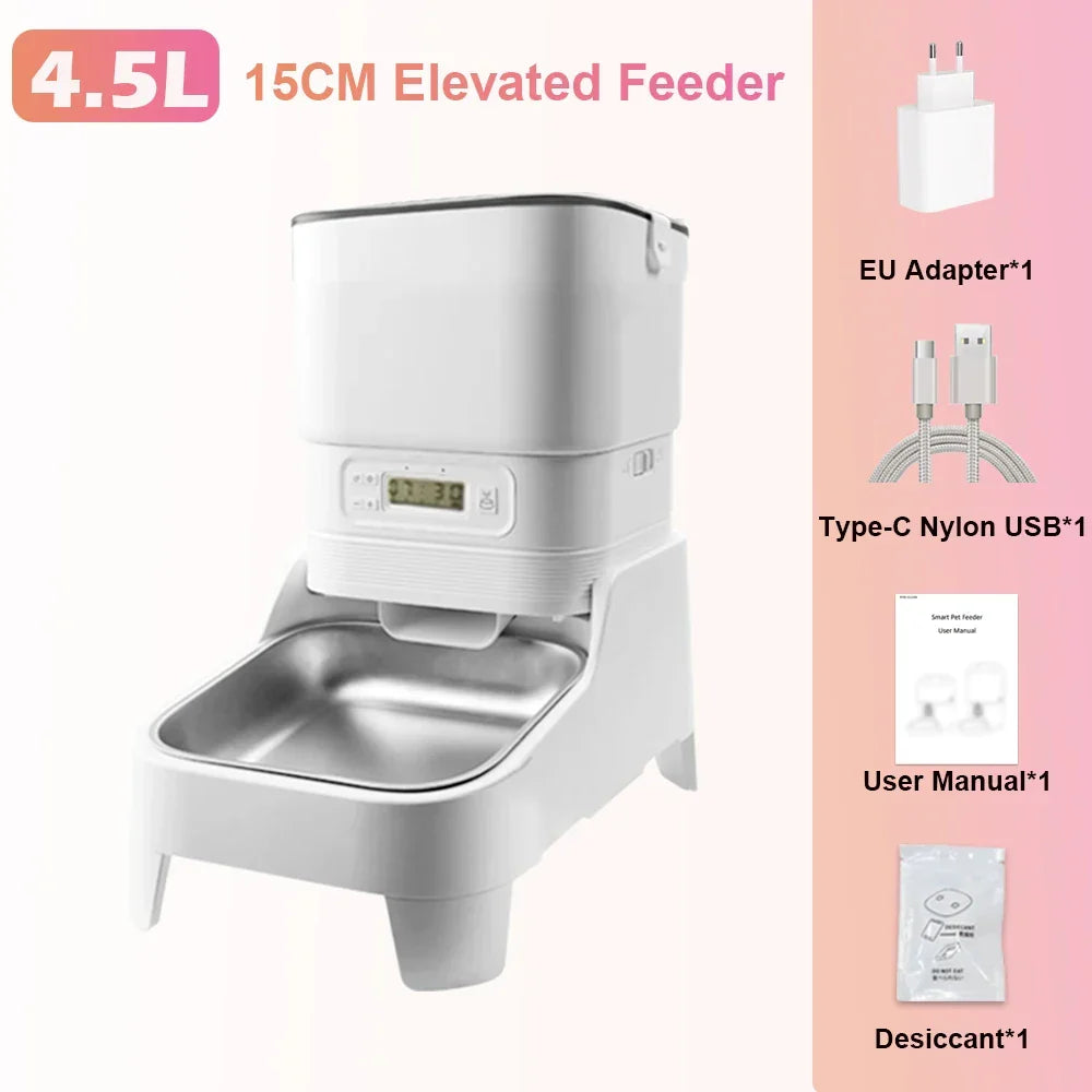 4.5L Elevated Automatic Pet Feeder with 15cm Raised Stand – Key Control or 1080P Camera & Tuya App for Cats and Dogs