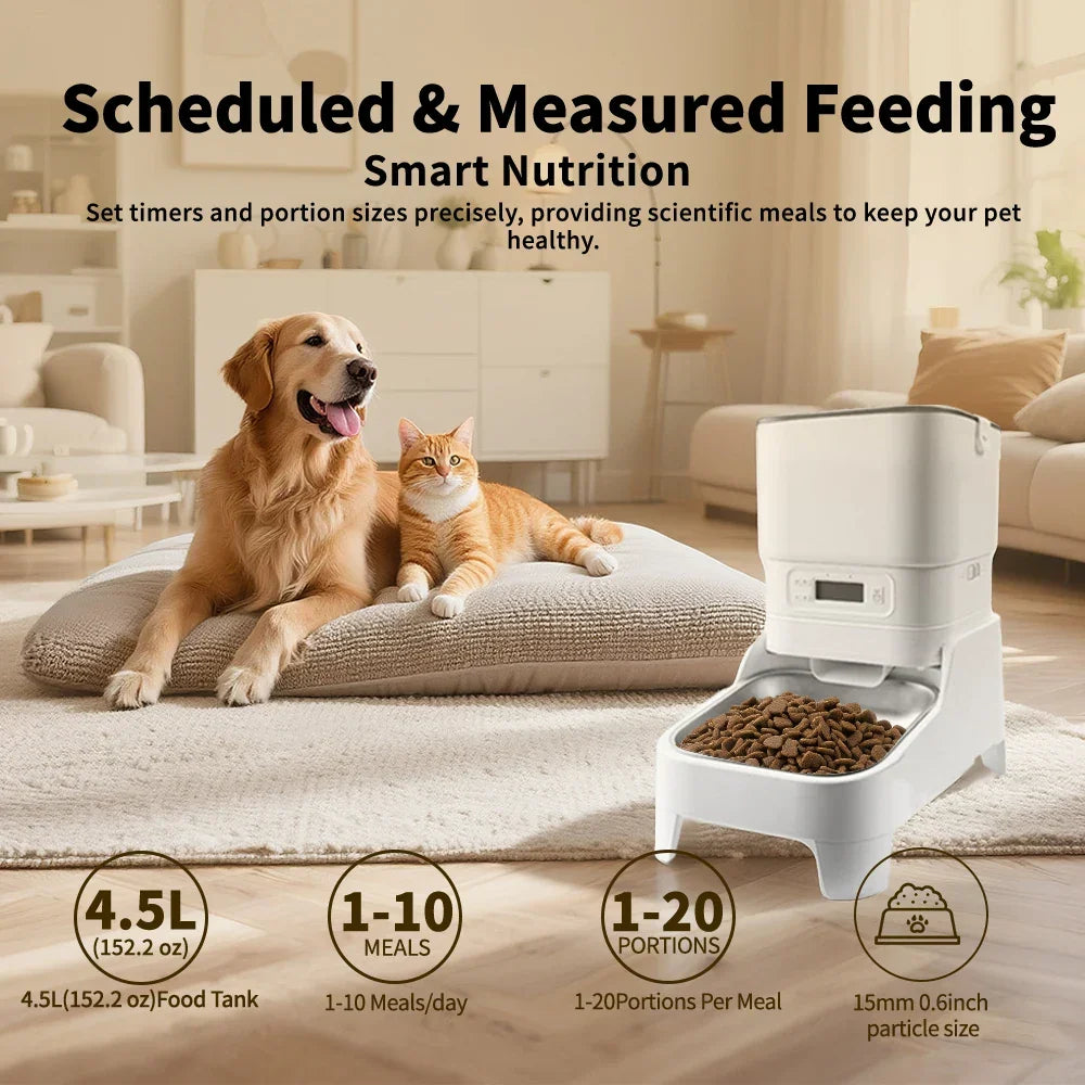 4.5L Elevated Automatic Pet Feeder with 15cm Raised Stand – Key Control or 1080P Camera & Tuya App for Cats and Dogs