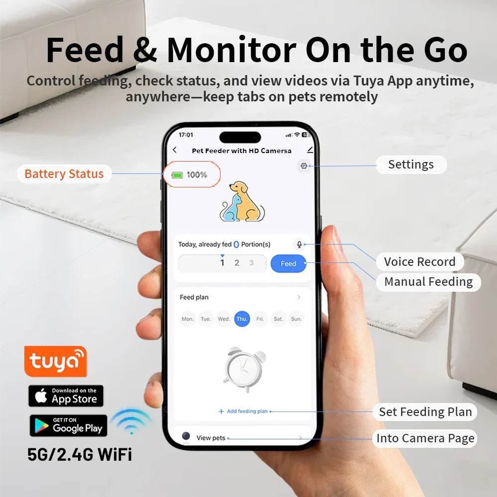4.5L Elevated Automatic Pet Feeder with 15cm Raised Stand – Key Control or 1080P Camera & Tuya App for Cats and Dogs