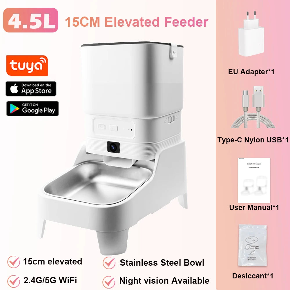 4.5L Elevated Automatic Pet Feeder with 15cm Raised Stand – Key Control or 1080P Camera & Tuya App for Cats and Dogs