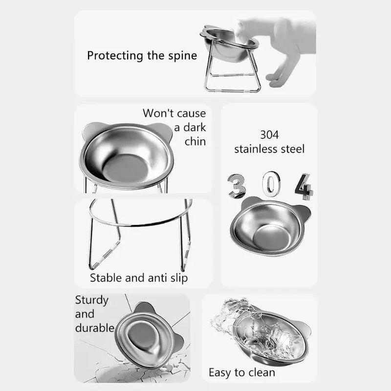 Elevated Cat Bowl - 15-Degree Tilted Stainless Steel Feeding Dish with Raised Stand