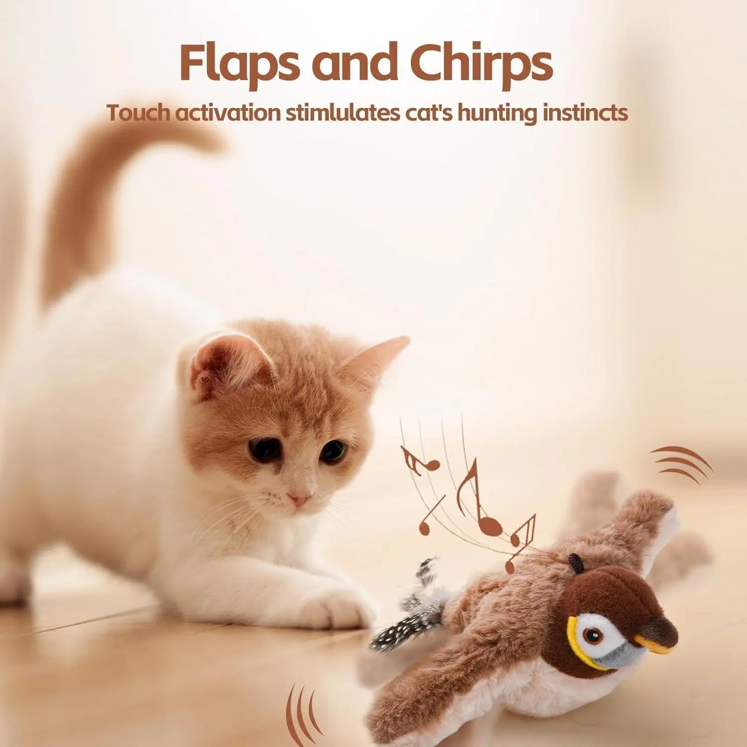 Motion-Activated Bird Toy for Cats with Flapping Tail and Chirping Sounds, USB Rechargeable